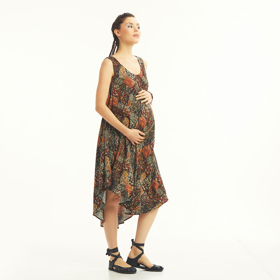 Khaki Scoop Neck Round Hem Sleeveless Maternity Dress