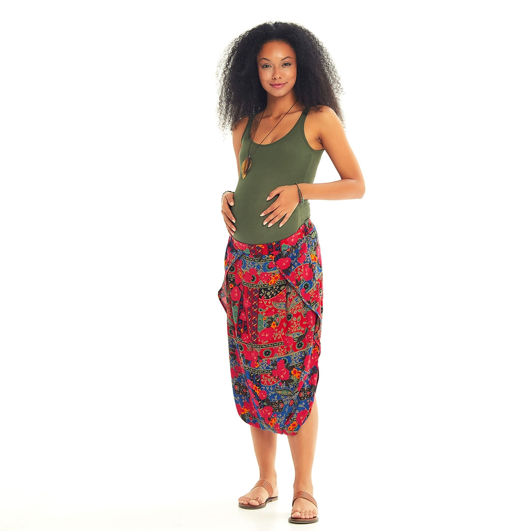 Ethnic Print Elastic Waist Red Capri Skirt Maternity Pants