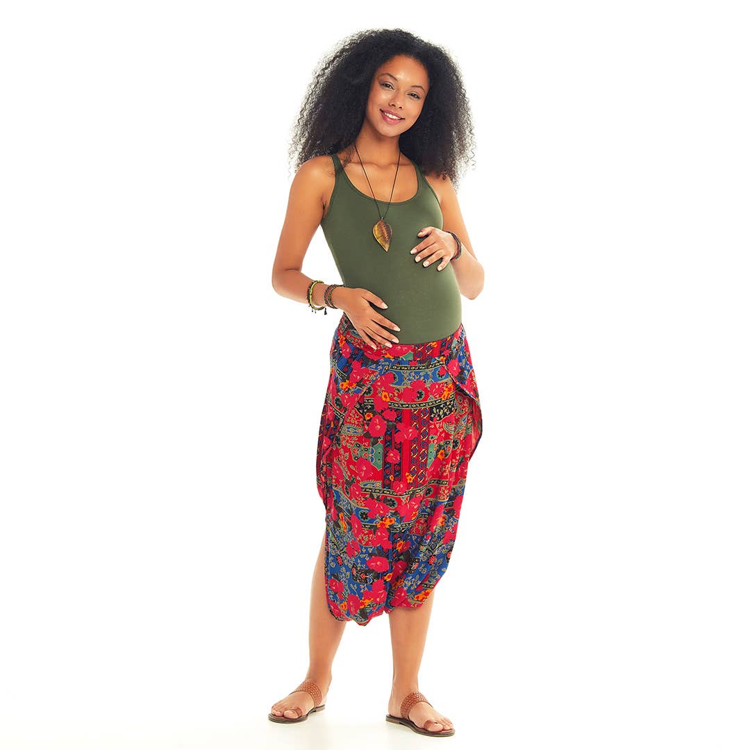 Ethnic Print Elastic Waist Red Capri Skirt Maternity Pants