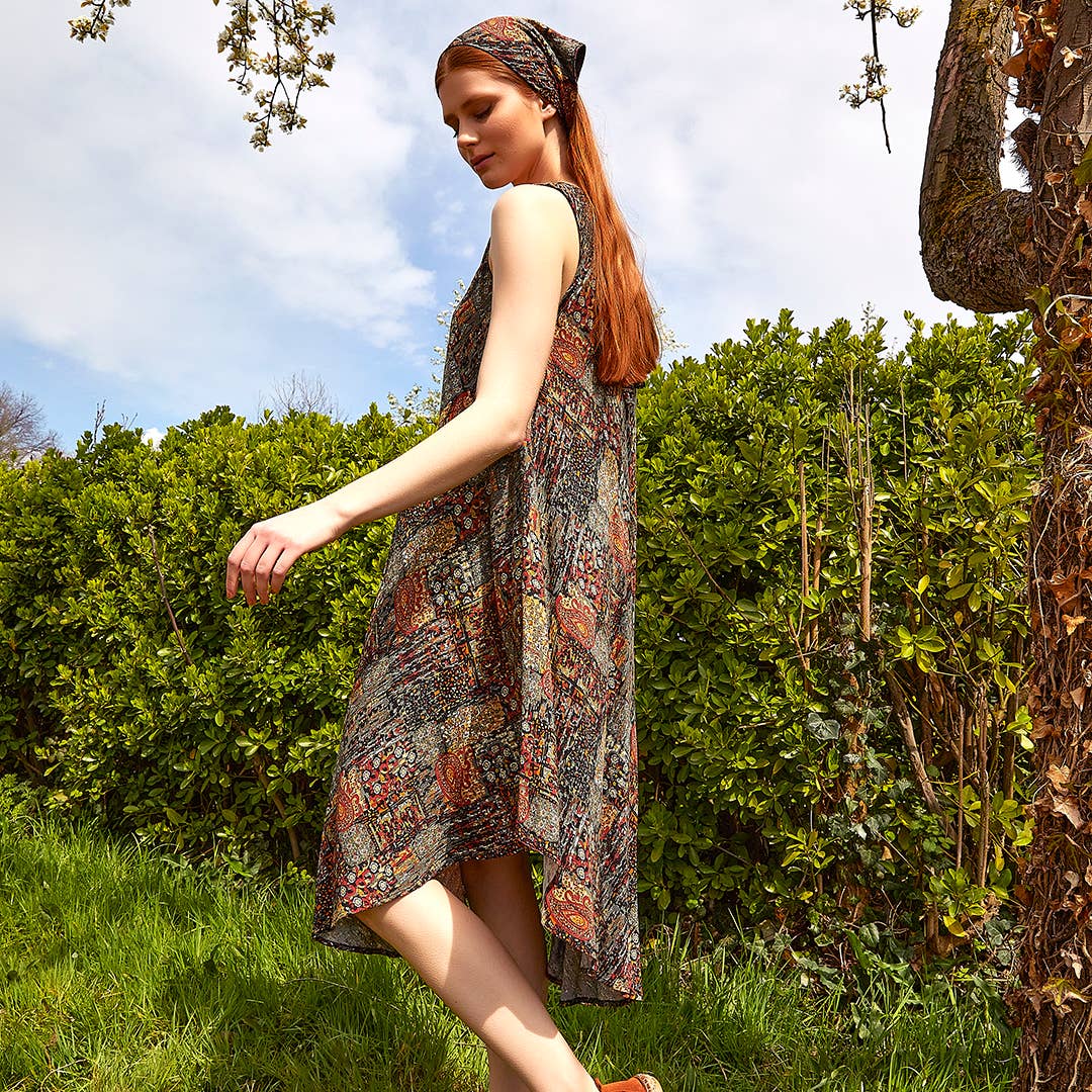Khaki Patterned Scoop Neck Round Hem Sleeveless Dress
