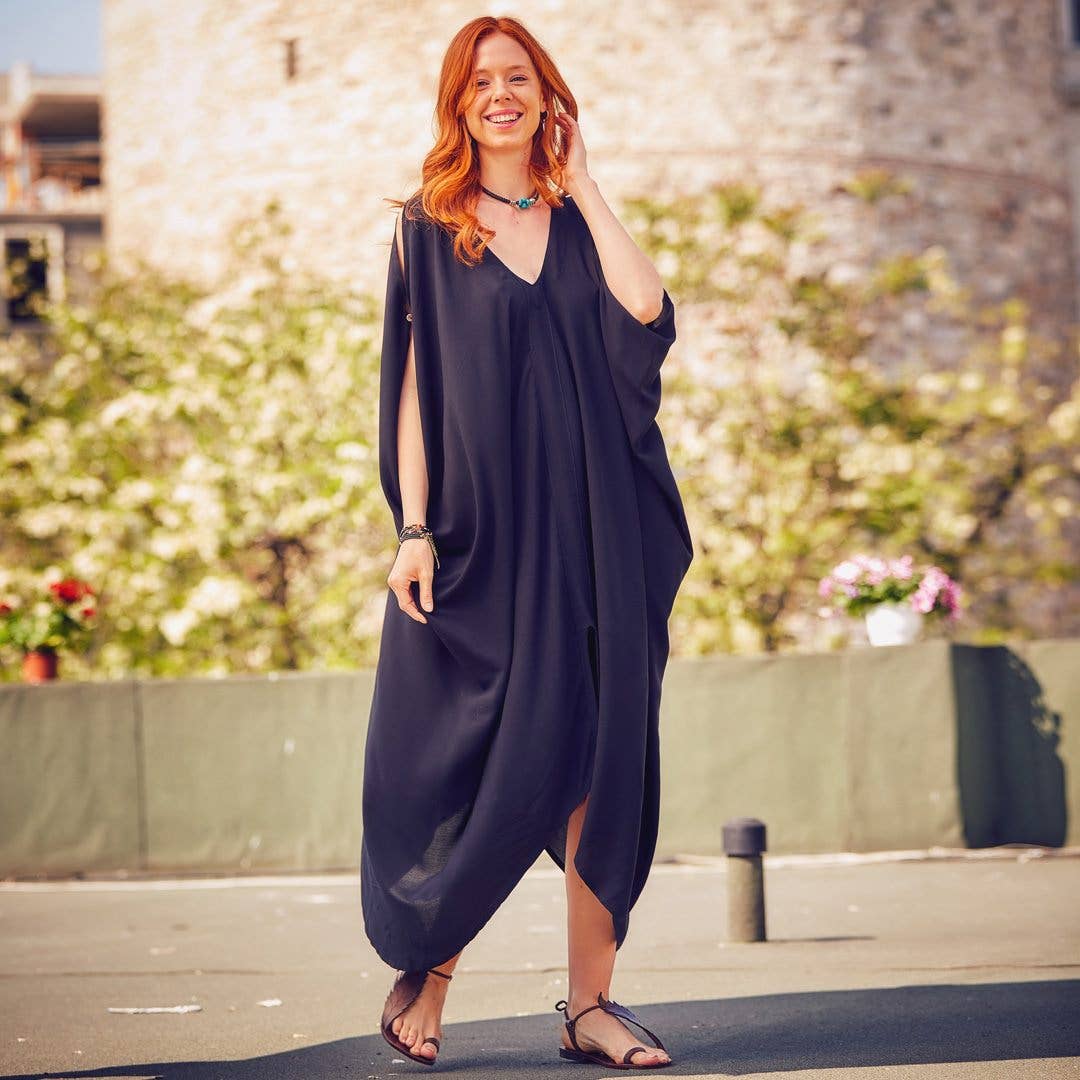 Deep V Neck Line Loose Fit Black Cold Shoulder Dress