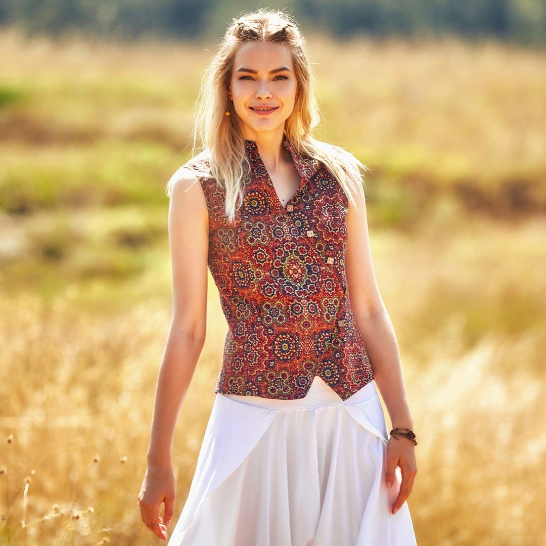 Sleeveless Square Button Down Mandarin Collar Shirt