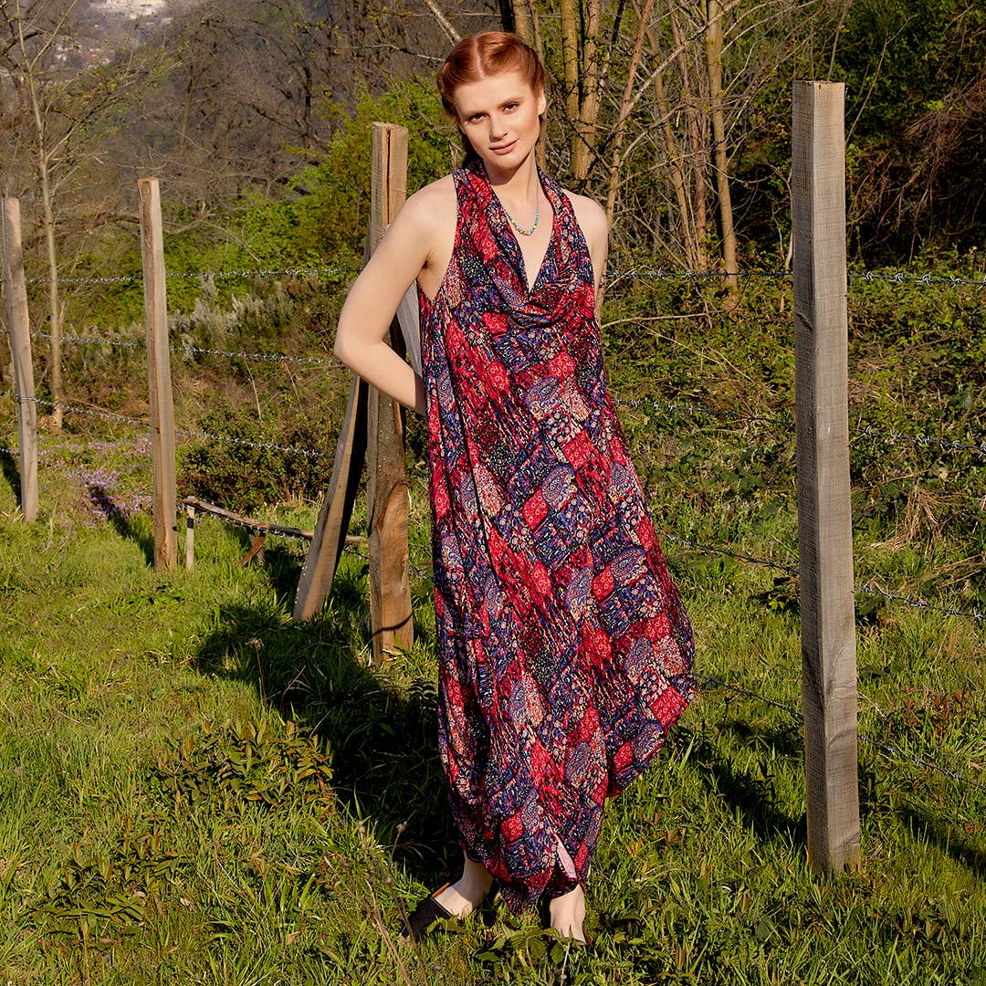 Bohem Authentic Degaje Neck Red Patterned Dress