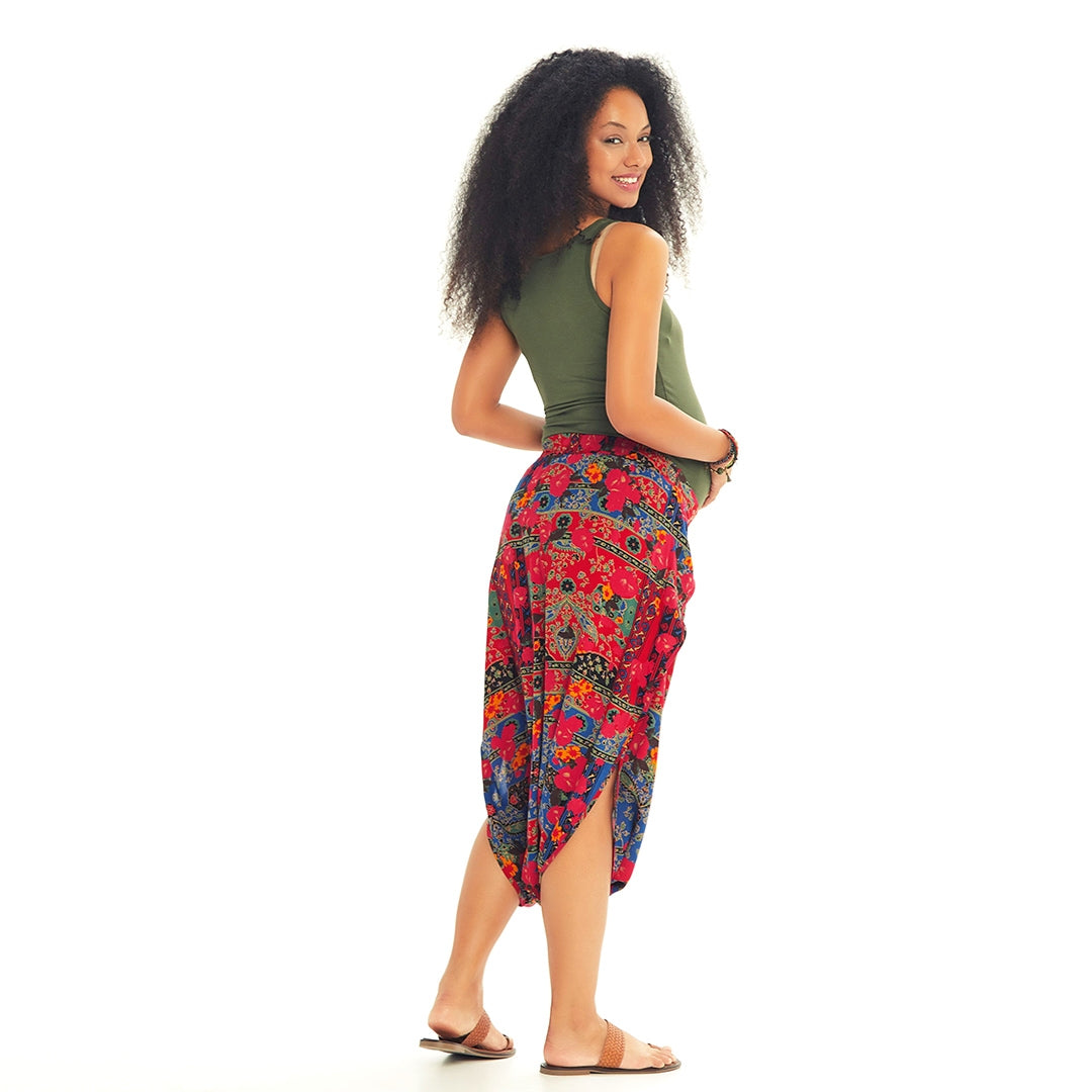 Ethnic Print Elastic Waist Red Capri Skirt Maternity Pants