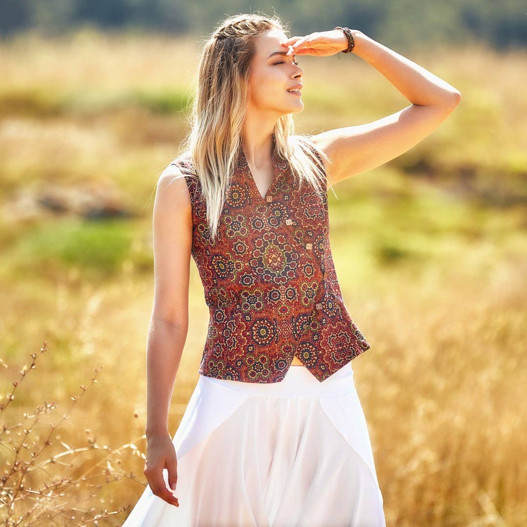 Sleeveless Square Button Down Mandarin Collar Shirt