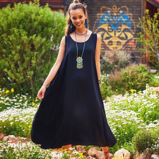 Sleeveless Pocket Detailed Boho Black Loose Fit Long Dress