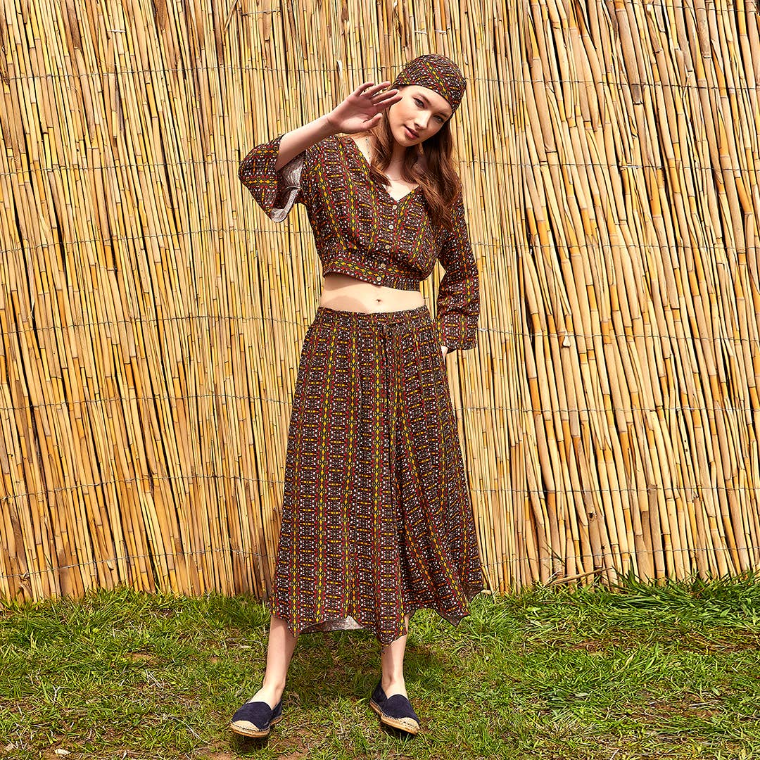 Mustard Patterned Bohemian Split Front Palazzo Pants