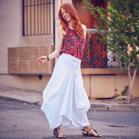 Oversized Pocket Detailed Tie Waist Boho Chic White Long Skirt