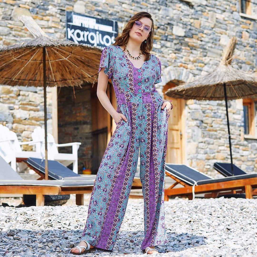 Half Sleeve Patterned Bohemian Jumpsuit