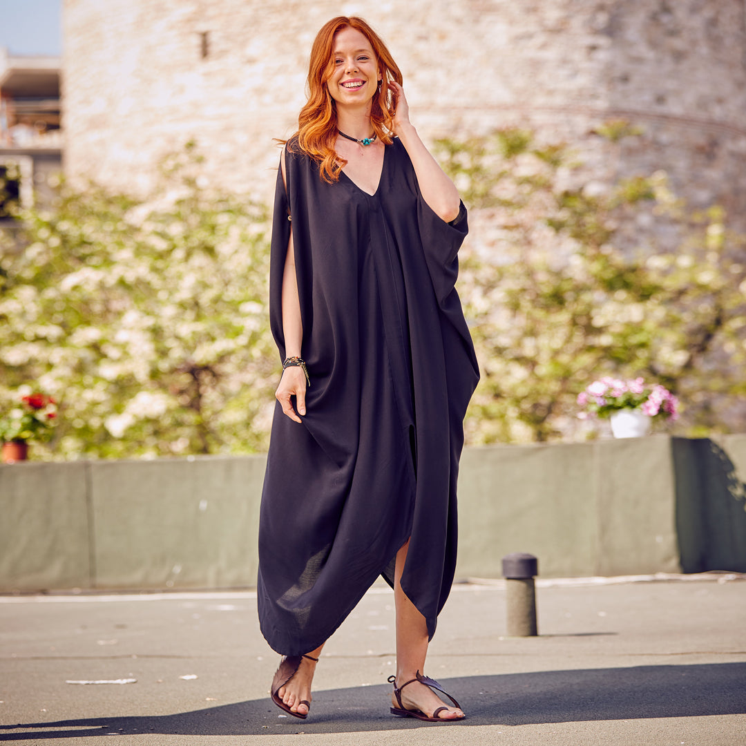 Deep V Neck Line Loose Fit Black Cold Shoulder Dress