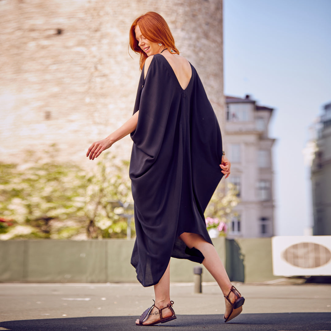Deep V Neck Line Loose Fit Black Cold Shoulder Dress