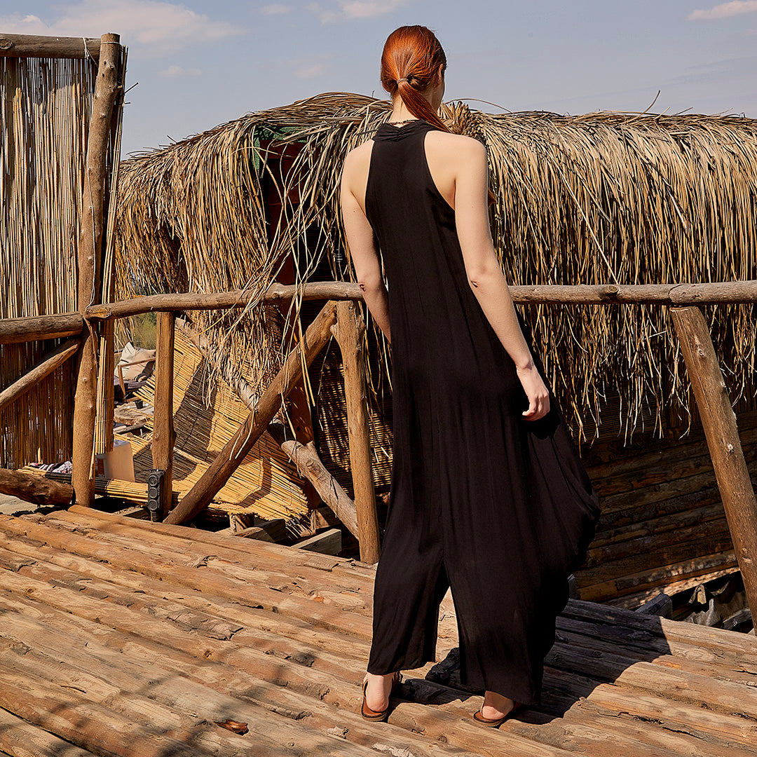 Bohemian Stylish Authentic Degaje Neck Black Dress