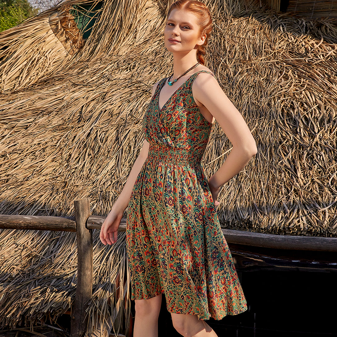 Double Breasted Neck Line Shirred Waist Green Pattern Dress