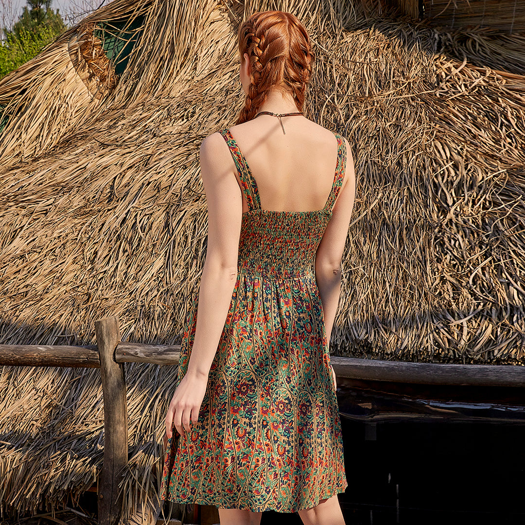 Double Breasted Neck Line Shirred Waist Green Pattern Dress