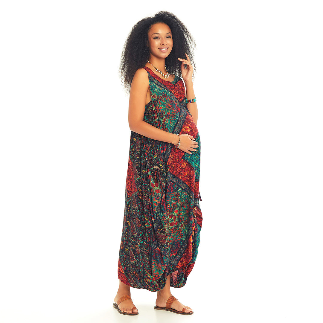 Ethnic Print Scoop Neck Loose Fit Boho Maternity Maxi Dress