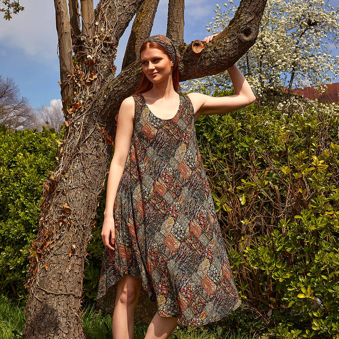 Khaki Patterned Scoop Neck Round Hem Sleeveless Dress