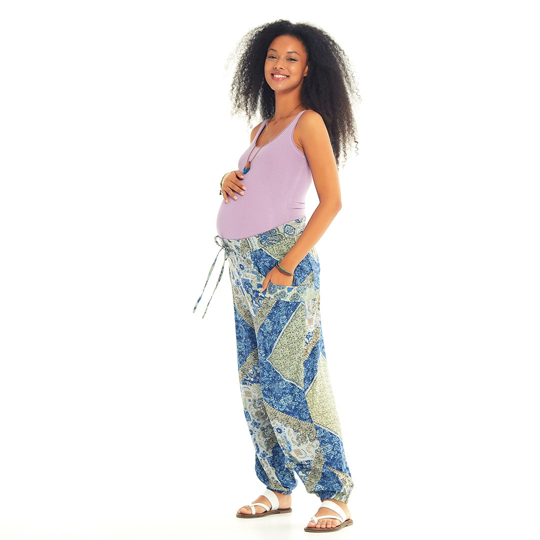 Blue Print Elastic Waist Bohemian Baggy Maternity Trouser