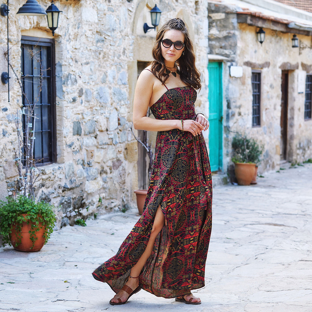 Ethnic Patterned Strappy Wrap Maxi Dress