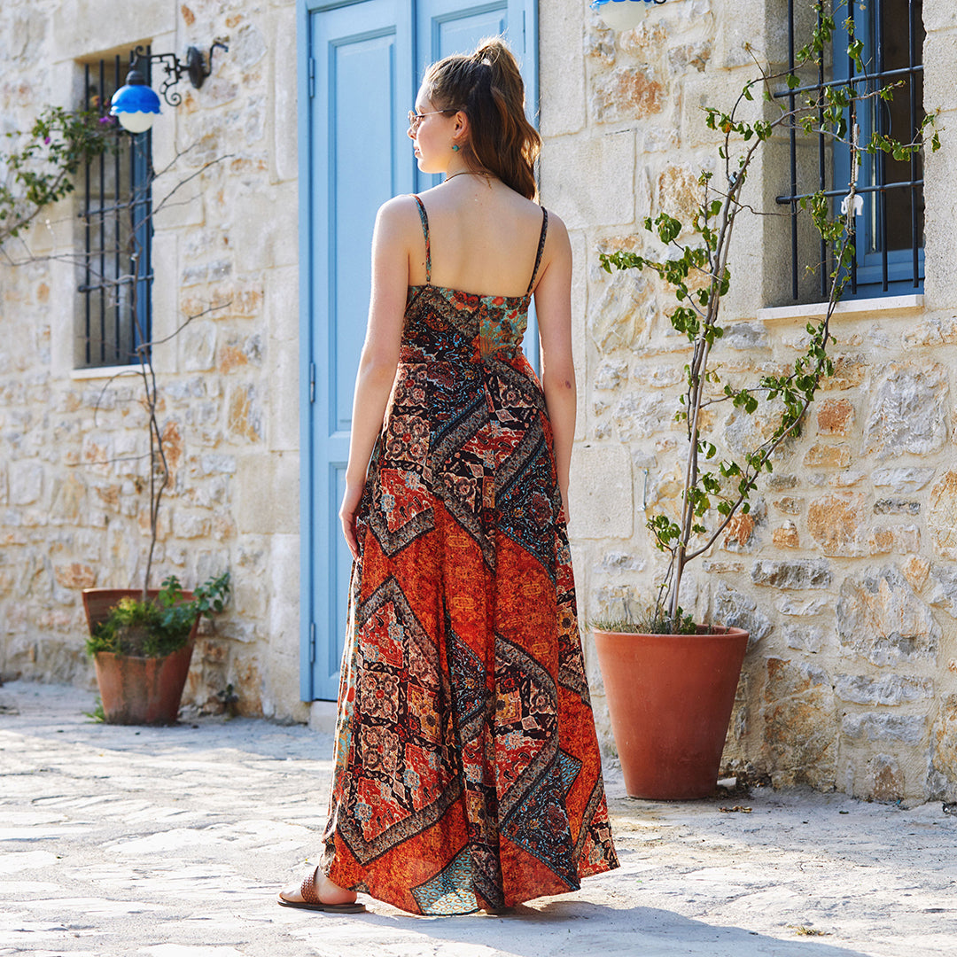 Brown Patterned Strappy Wrap Maxi Dress