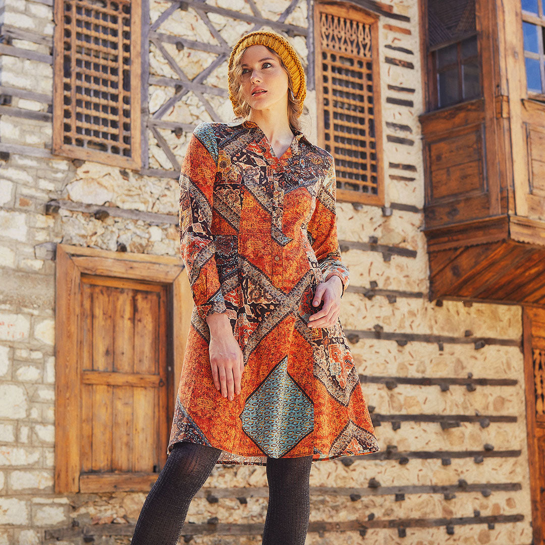 Brown Printed Long Sleeve Shirt Dress