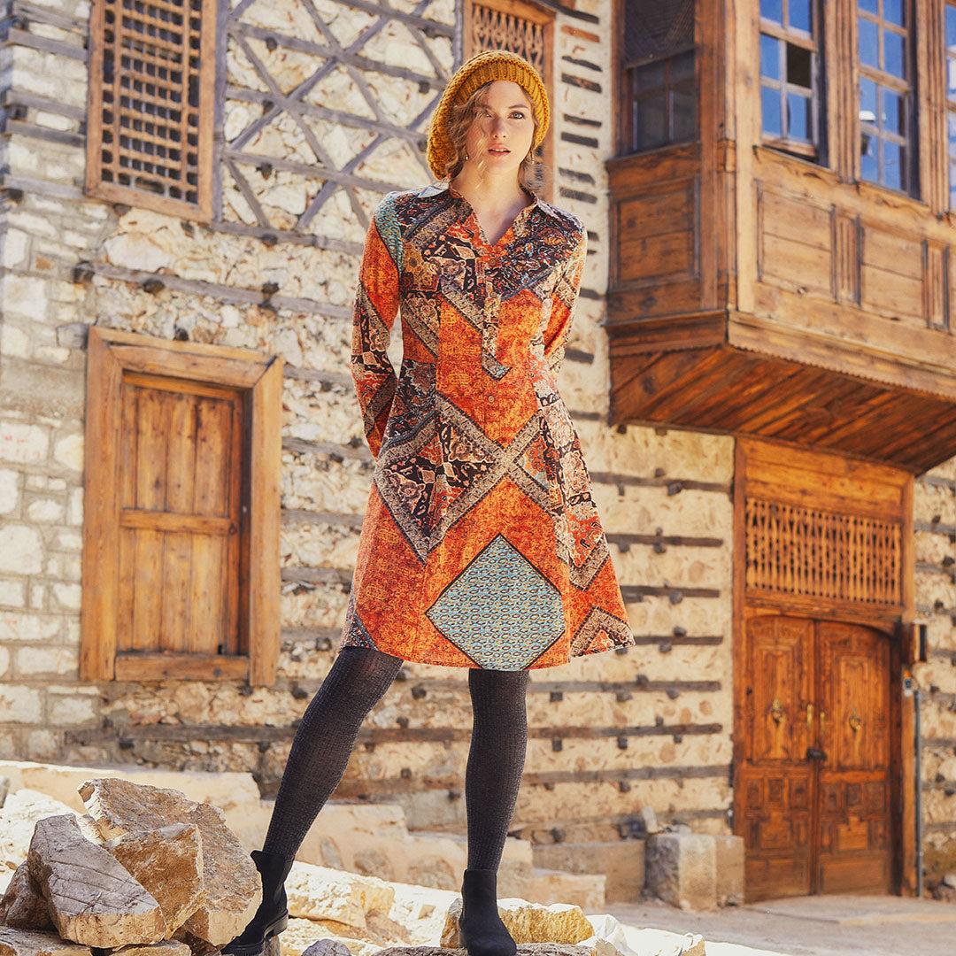 Brown Printed Long Sleeve Shirt Dress