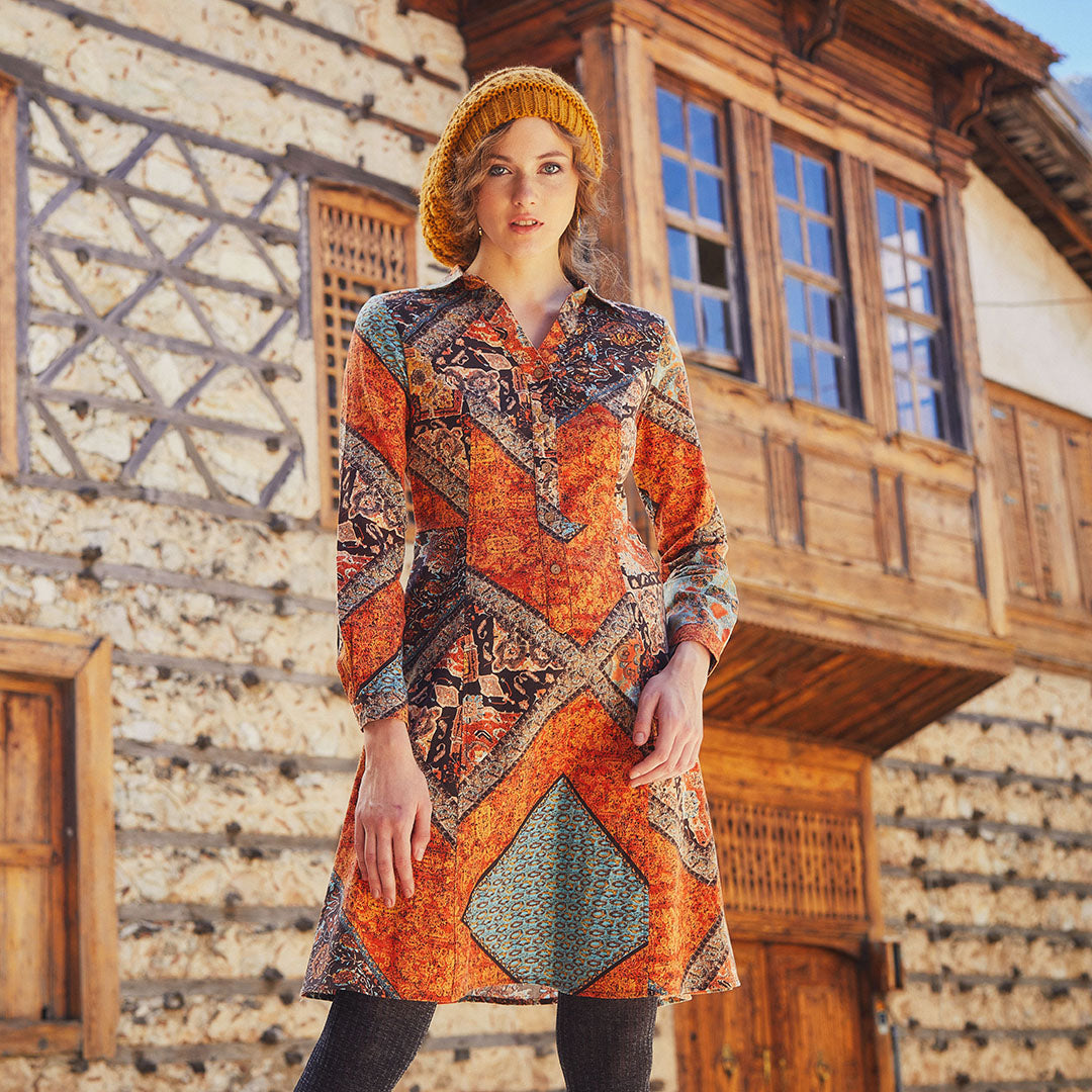 Brown Printed Long Sleeve Shirt Dress