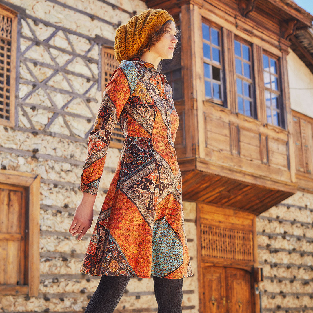 Brown Printed Long Sleeve Shirt Dress
