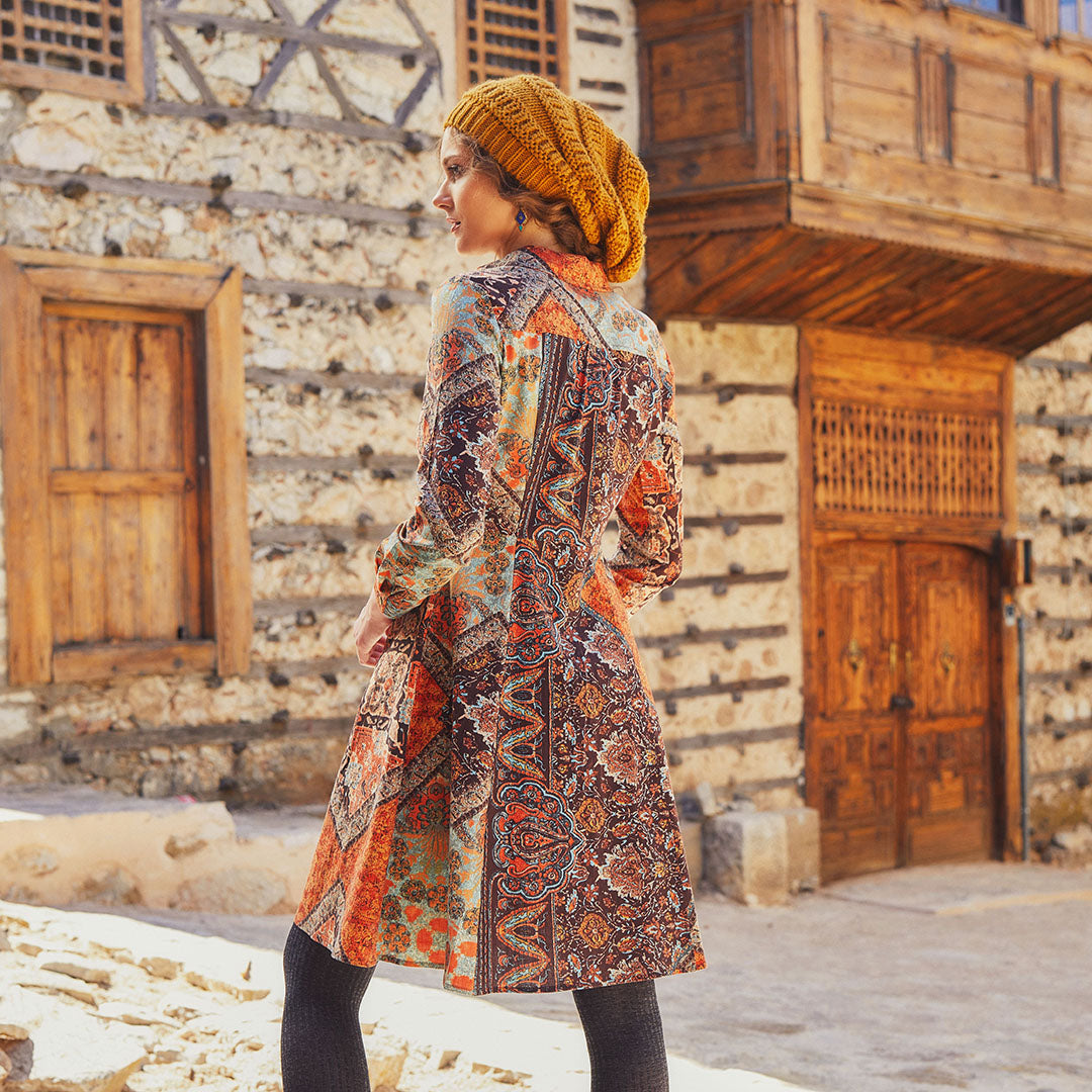 Brown Printed Long Sleeve Shirt Dress