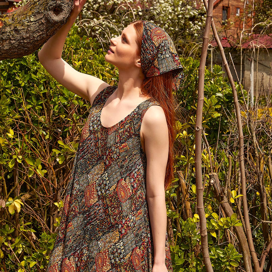 Khaki Patterned Scoop Neck Round Hem Sleeveless Dress