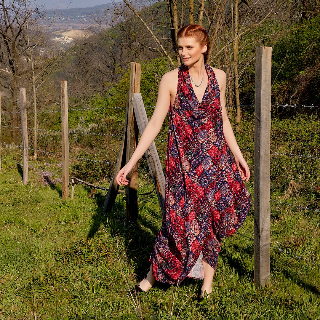 Bohem Authentic Degaje Neck Red Patterned Dress