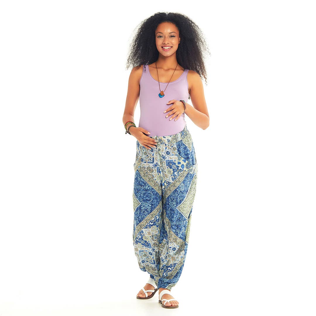 Blue Print Elastic Waist Bohemian Baggy Maternity Trouser