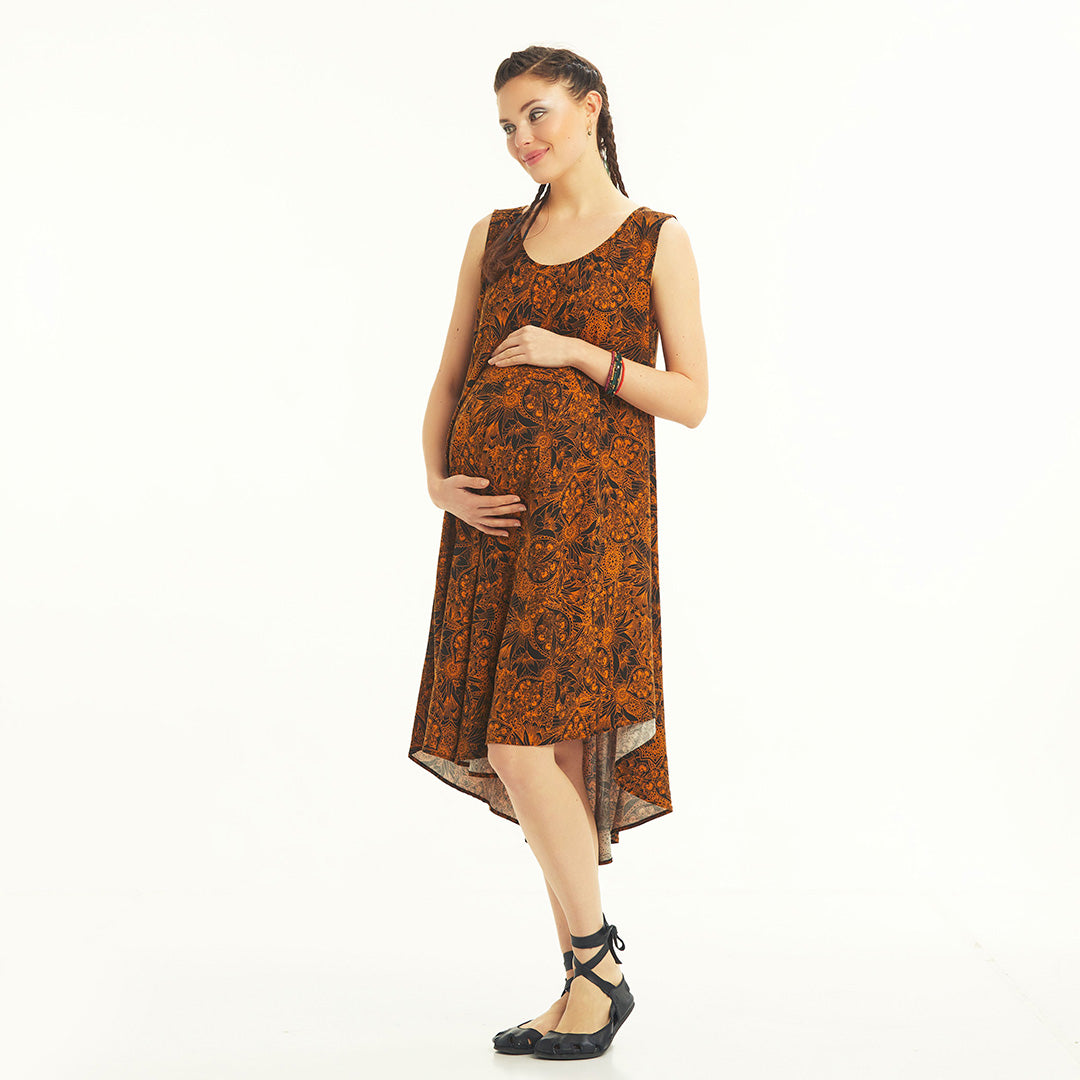 Orange Patterned Scoop Neck Hem Sleeveless Maternity Dress