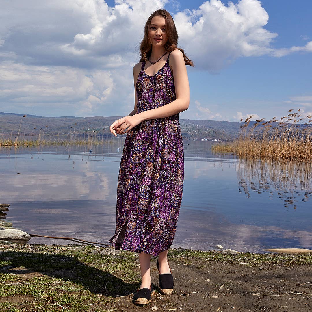 Bohemian Style Buttoned Wide Strap Long Purple Dress