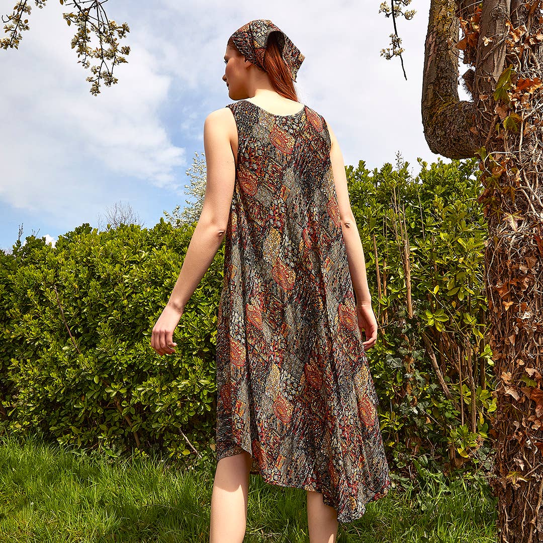 Khaki Patterned Scoop Neck Round Hem Sleeveless Dress