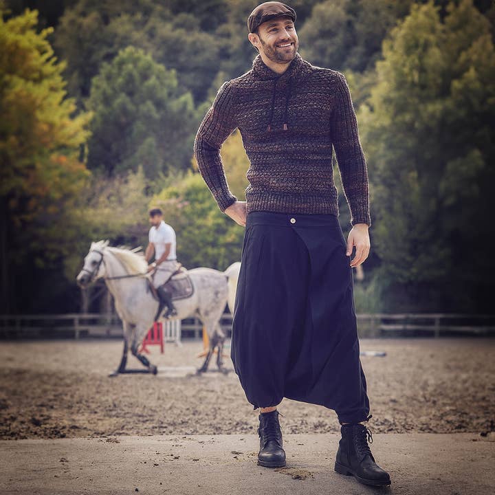 Wrap Front Elastic Waist Boho Mens Black Harem Pants
