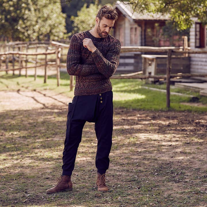 Metal Buttons Boho Men's Drop Crotch Black Pants