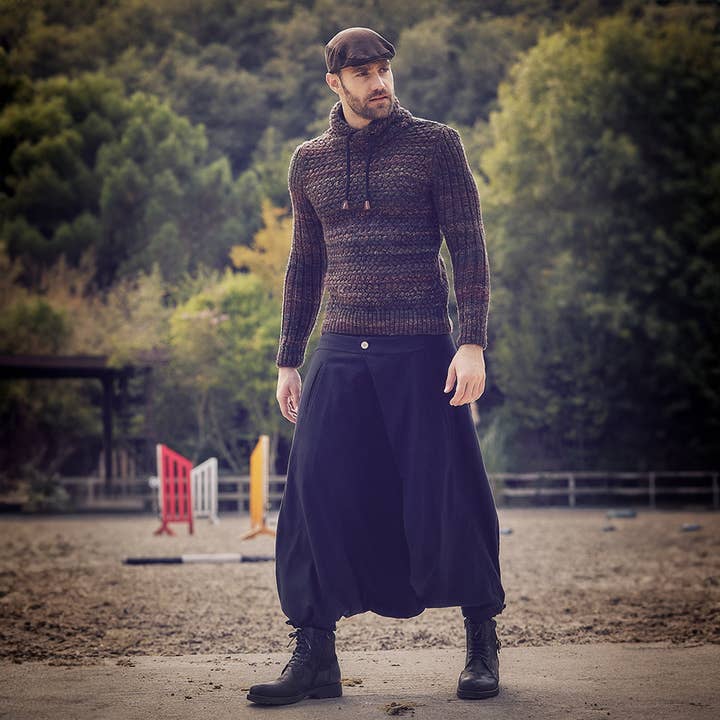 Wrap Front Elastic Waist Boho Mens Black Harem Pants