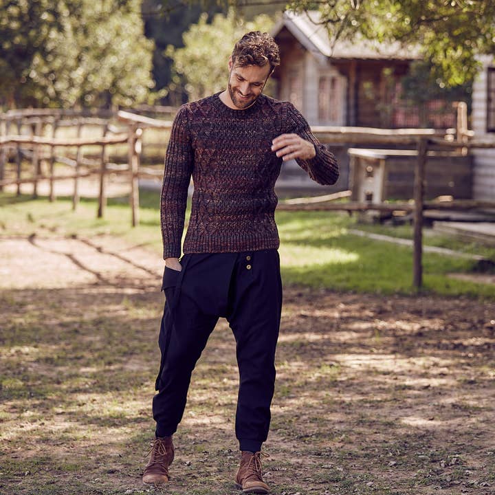 Metal Buttons Boho Men's Drop Crotch Black Pants