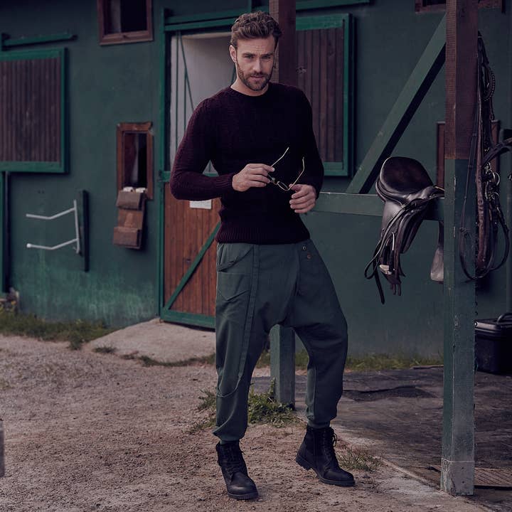 Metal Buttons Boho Men's Drop Crotch Green Pants
