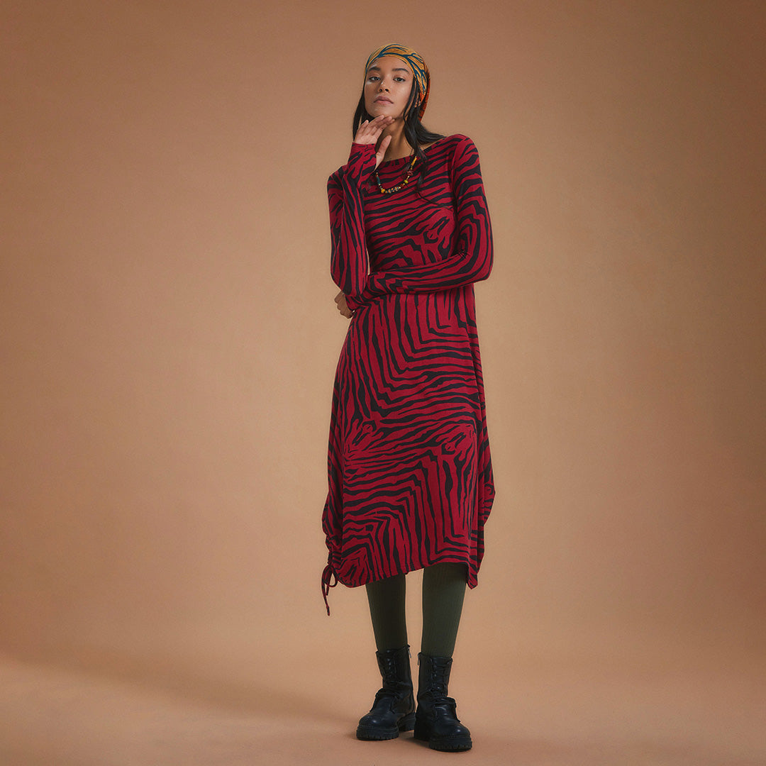 Boat Neck Thumb Hole Side Strings Red Pattern Dress