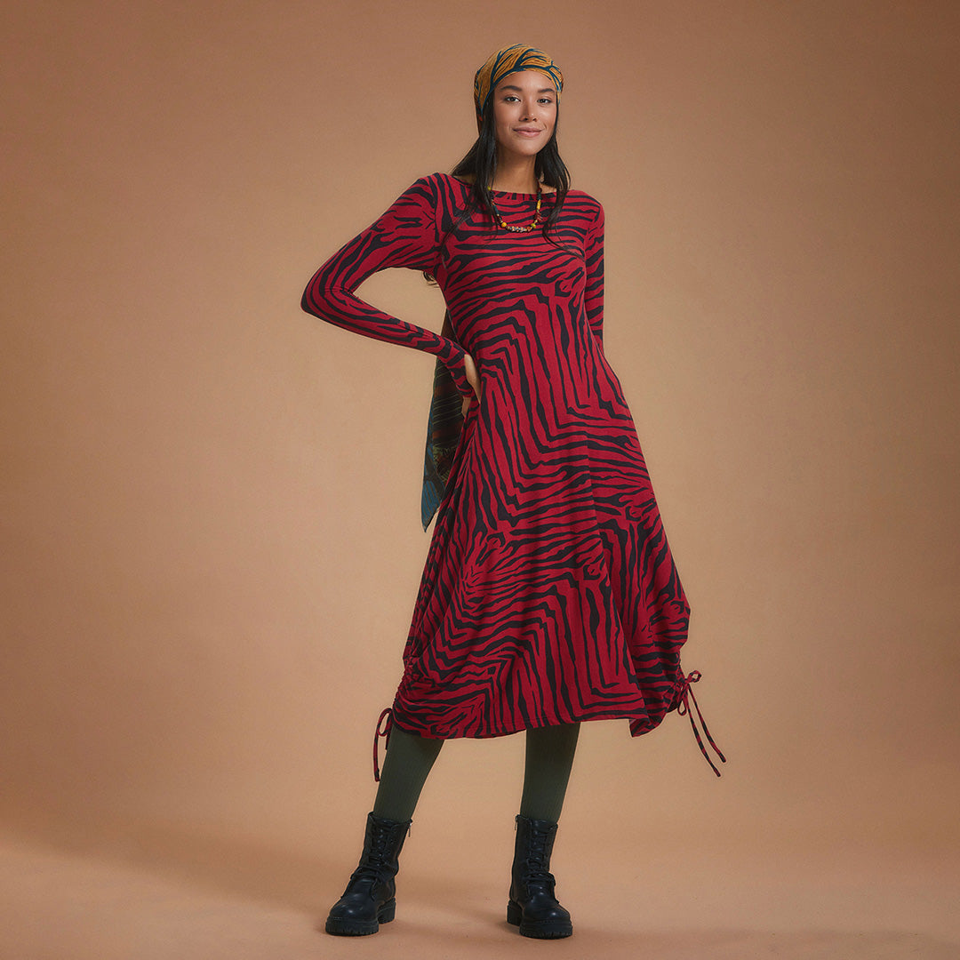 Boat Neck Thumb Hole Side Strings Red Pattern Dress