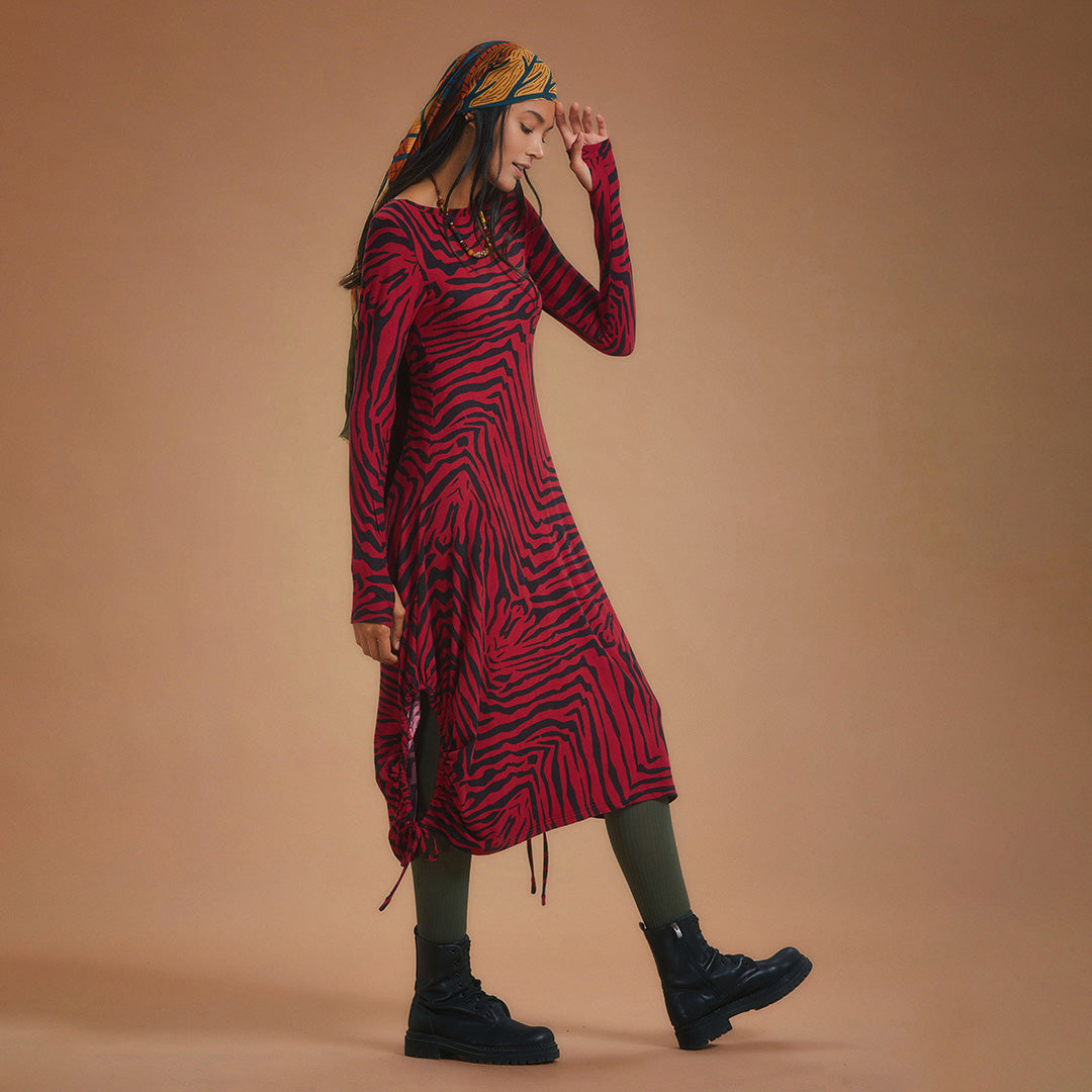 Boat Neck Thumb Hole Side Strings Red Pattern Dress