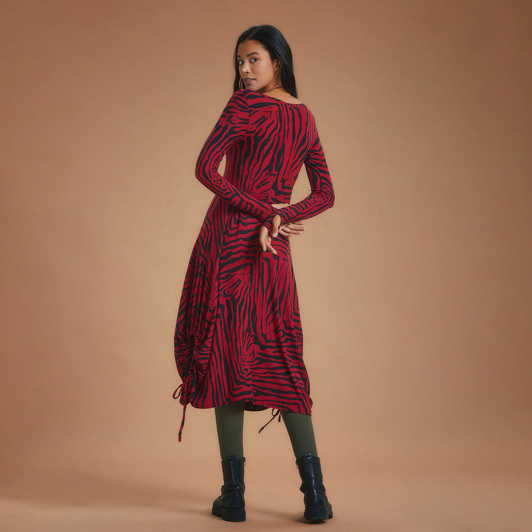 Boat Neck Thumb Hole Side Strings Red Pattern Dress