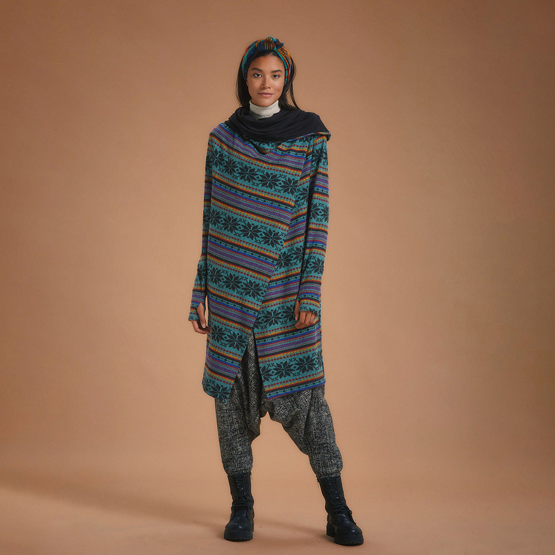 Hooded Collar Thumb Hole Detailed Pattern Cardigan Top