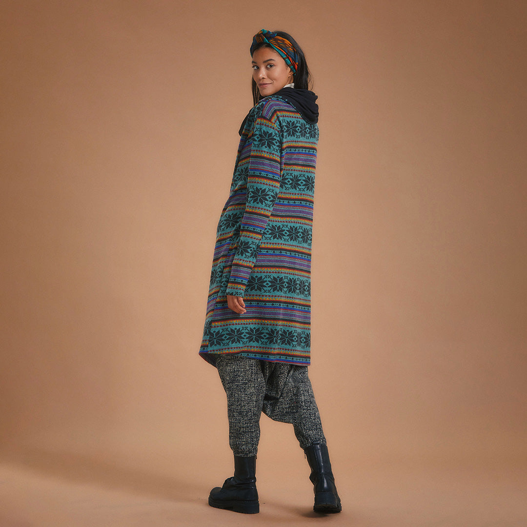 Hooded Collar Thumb Hole Detailed Pattern Cardigan Top