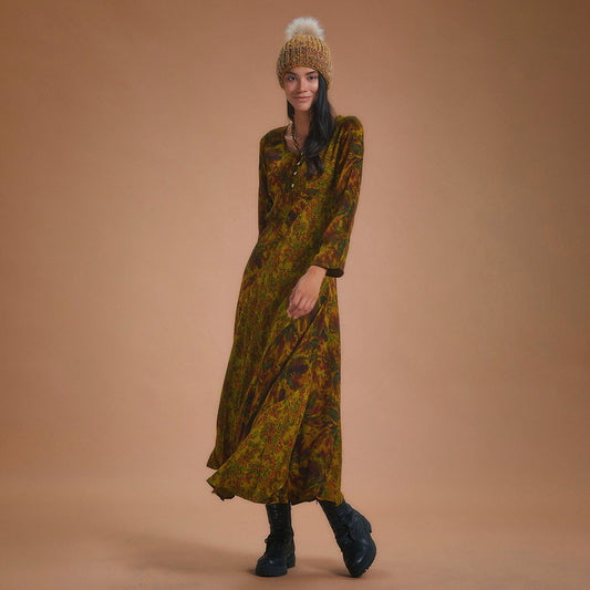 Green Patterned Long Sleeve Winter Patch Dress