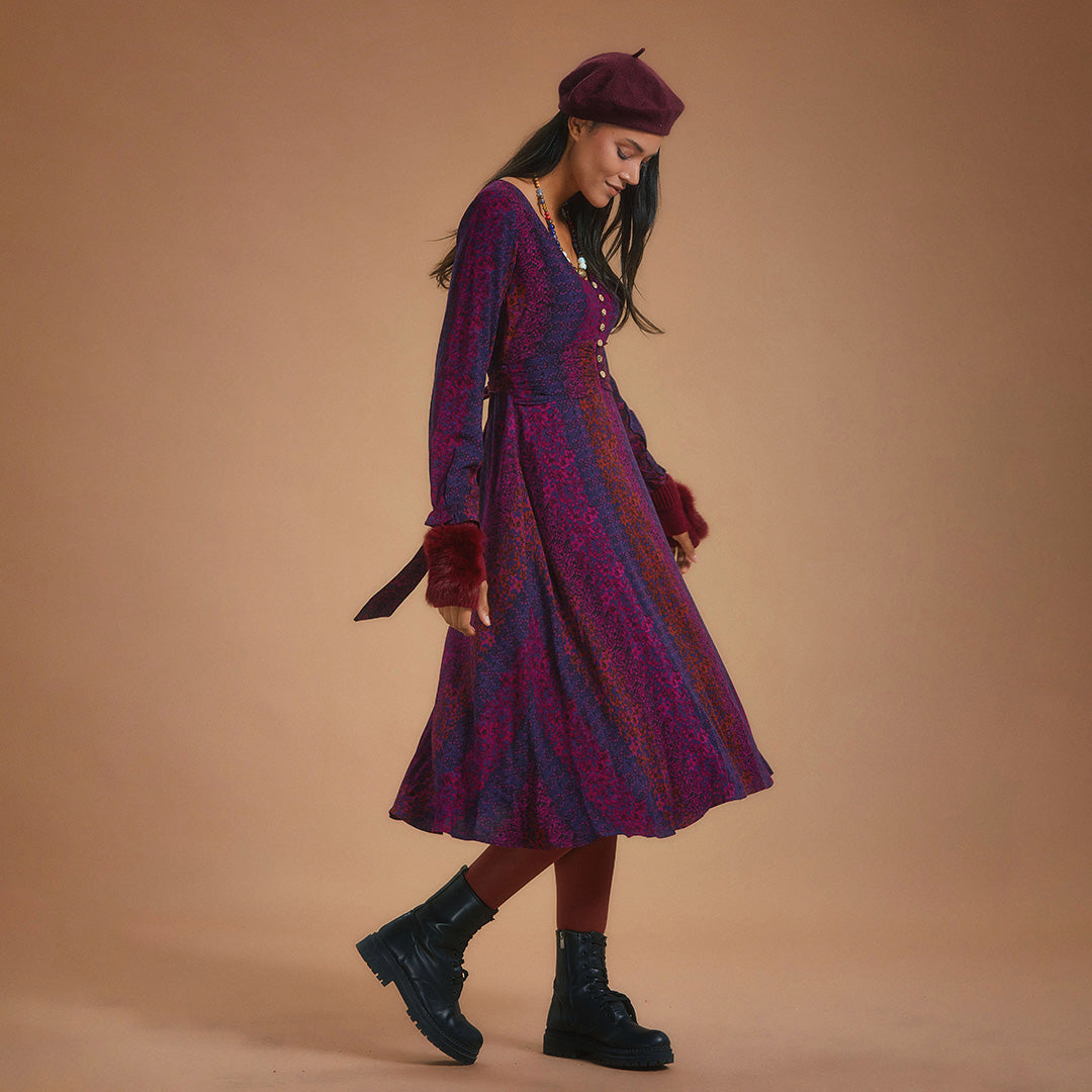 Boho Style Ruffle Sleeve Maroon Patterned Dress