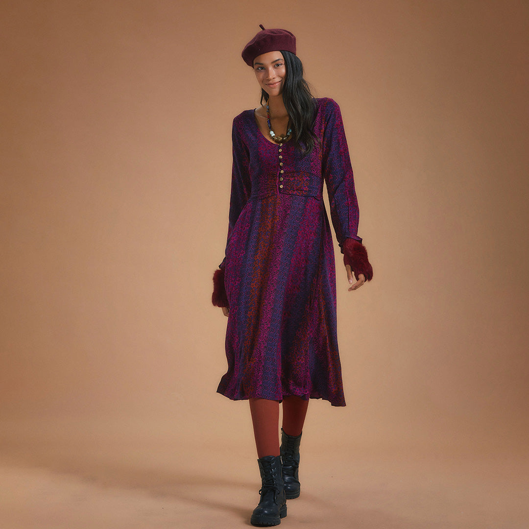 Boho Style Ruffle Sleeve Maroon Patterned Dress