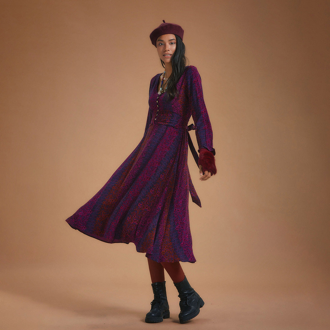 Boho Style Ruffle Sleeve Maroon Patterned Dress