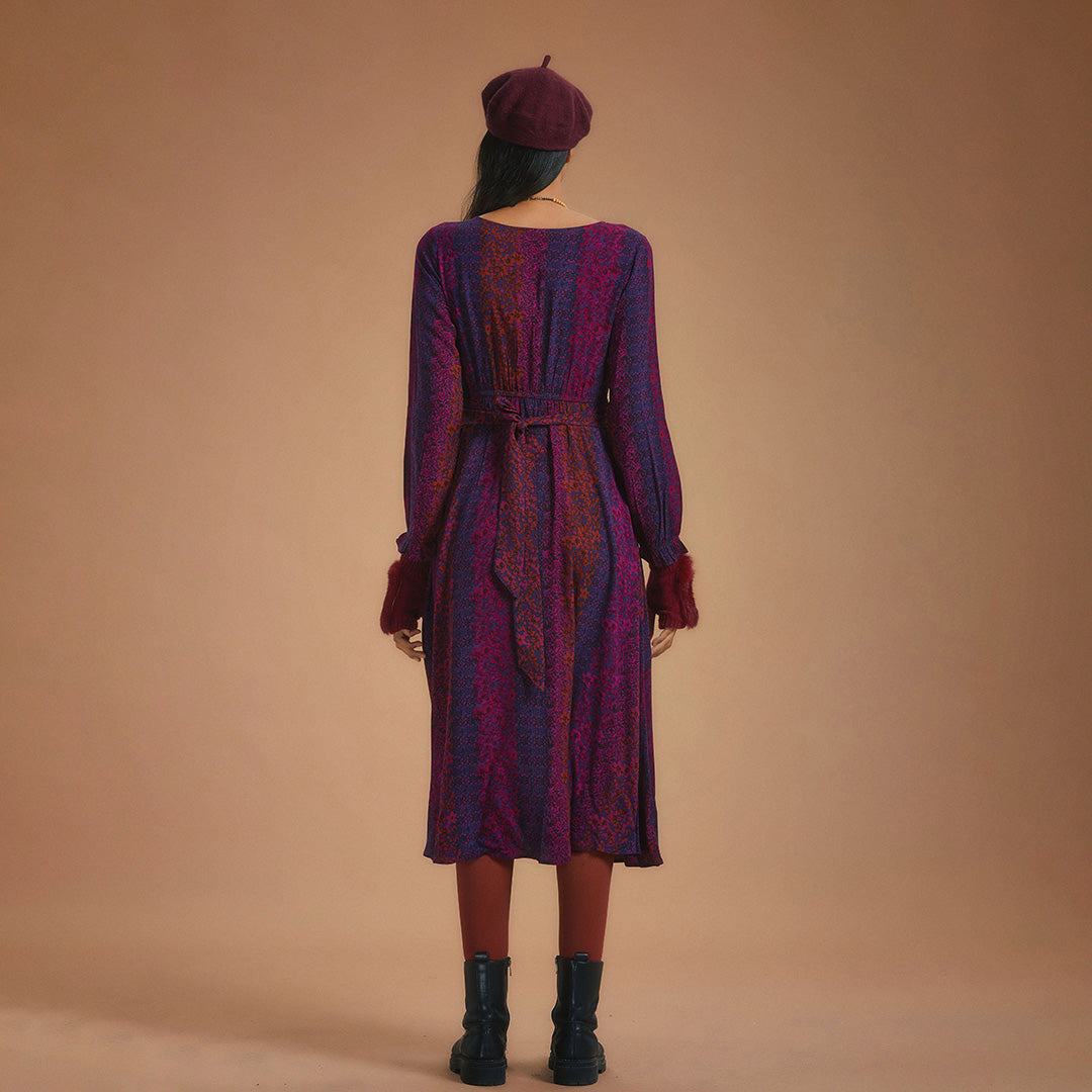 Boho Style Ruffle Sleeve Maroon Patterned Dress